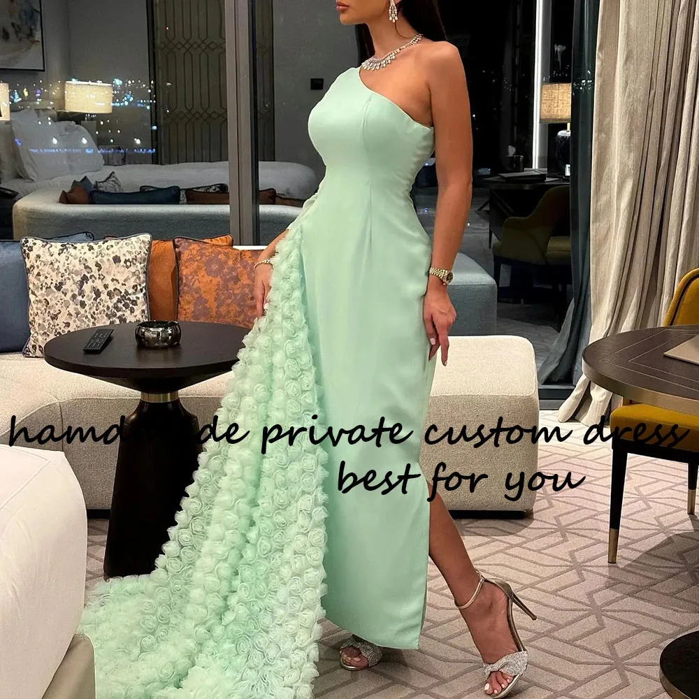 

Green Satin Memraid Evening Prom Dresses with Slit Pleats Flowers Arabian Dubai Formal Party Dress with Train Long Occasion Gown