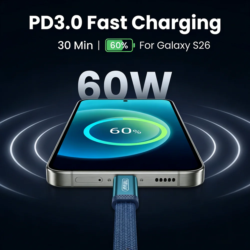 NNBILI PD 60W 플랫 듀얼 타입 C 데이터 케이블 고속 충전 3A USB C to USB C 고속 충전 케이블 아이폰 17 Pro 삼성 S26 맥북용