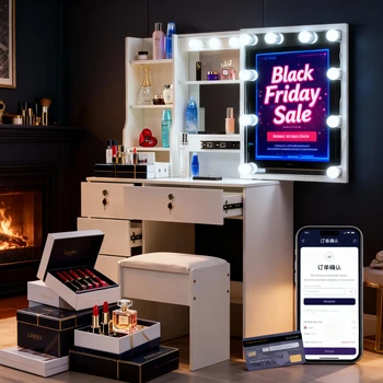 White Dressing Table Makeup Desk Dresser w/Mirror and 6 Drawer Stool Bedroom UK