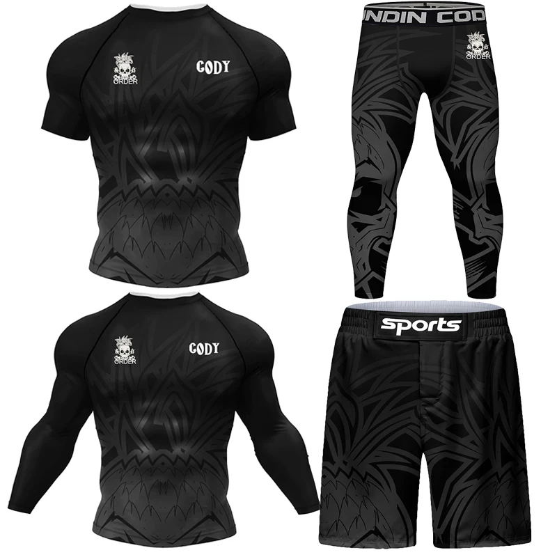 

Skull Jiu jitsu Rush Guard MMA Compression T-Shirt+Leggings Sets Bjj Gi Boxing Rashguard Men's Grappling Kickboxing Jerseys
