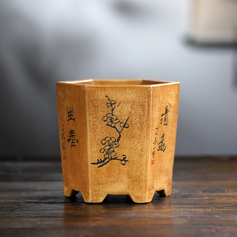 六角形の盆栽花瓶,セラミック花瓶,中国の彫刻パターン,寮