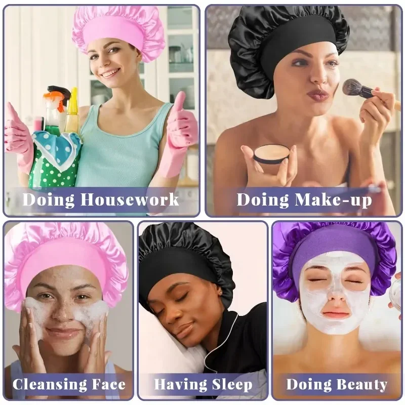 1pcs Soft Silk Satin Lined Bonnet Large Satin Hair Bonnet Household Sleep Shower Cap Hair Wrap Cover for Long Hair Salon Tool 5