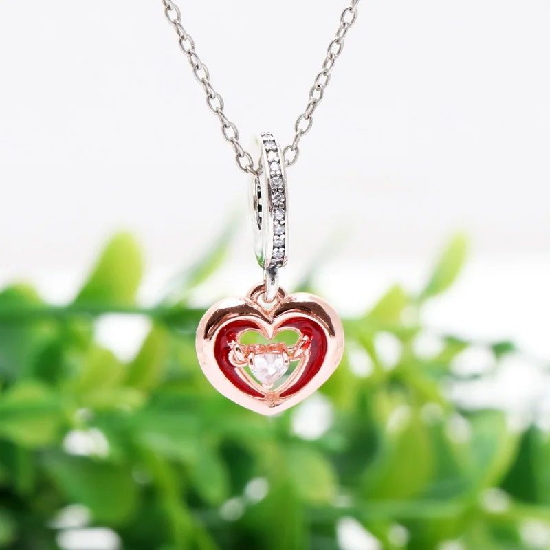 New Original 925 Sterling Silver Bead Rose Two Hearts Love Clear CZ Dangle Charm Fit Pandora Bracelet DIY Women Jewelry Dropship