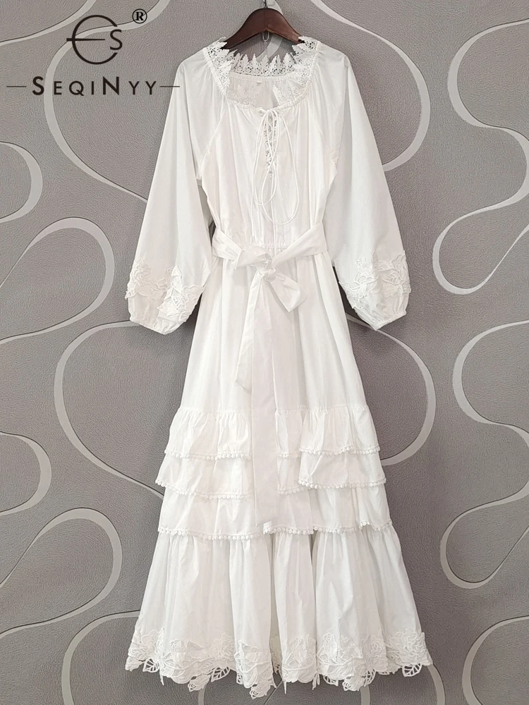 

SEQINYY Elegant Midi Dress Summer Spring New Fashion Design Women Runway High Street Cake Ruffles Cascading Lace Holiday Belt
