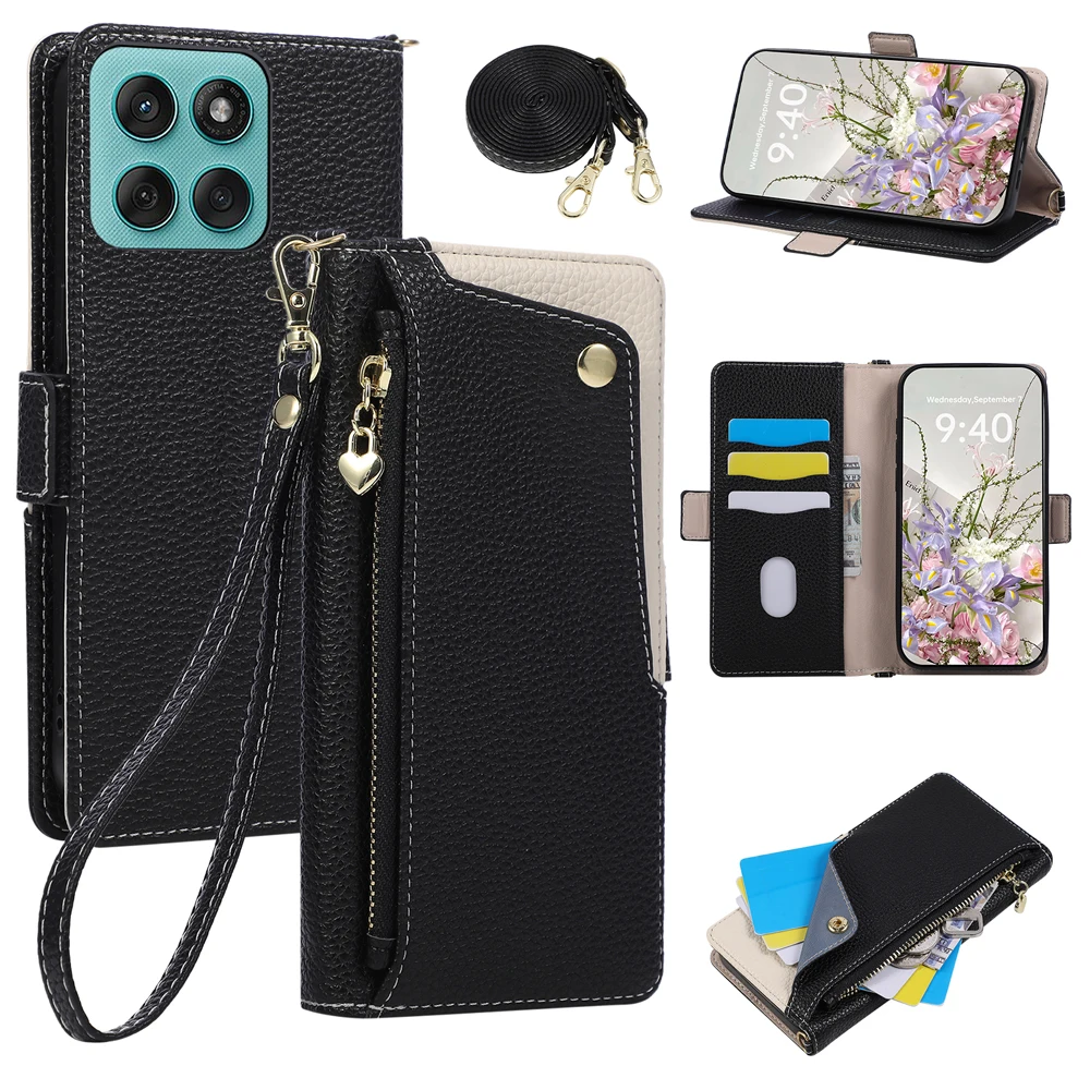 Elegant PU Leather Flip Wallet Phone Case with Lanyard Wrist Strap Cover
