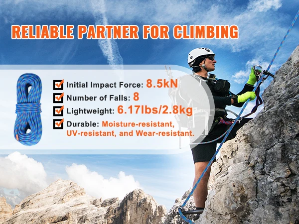VEVOR 10.2mm 131/164/197/230ft Outdoor Rock Climbing Rope 25KN Breaking Tension Stretchable Fiber Rope with Steel Snap Hooks