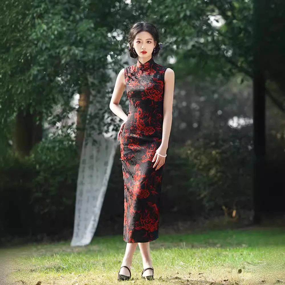 

Tradition Long Qipao Elegant Women Formal Sleeveless Cheongsam Mandarin Collar Party Dress