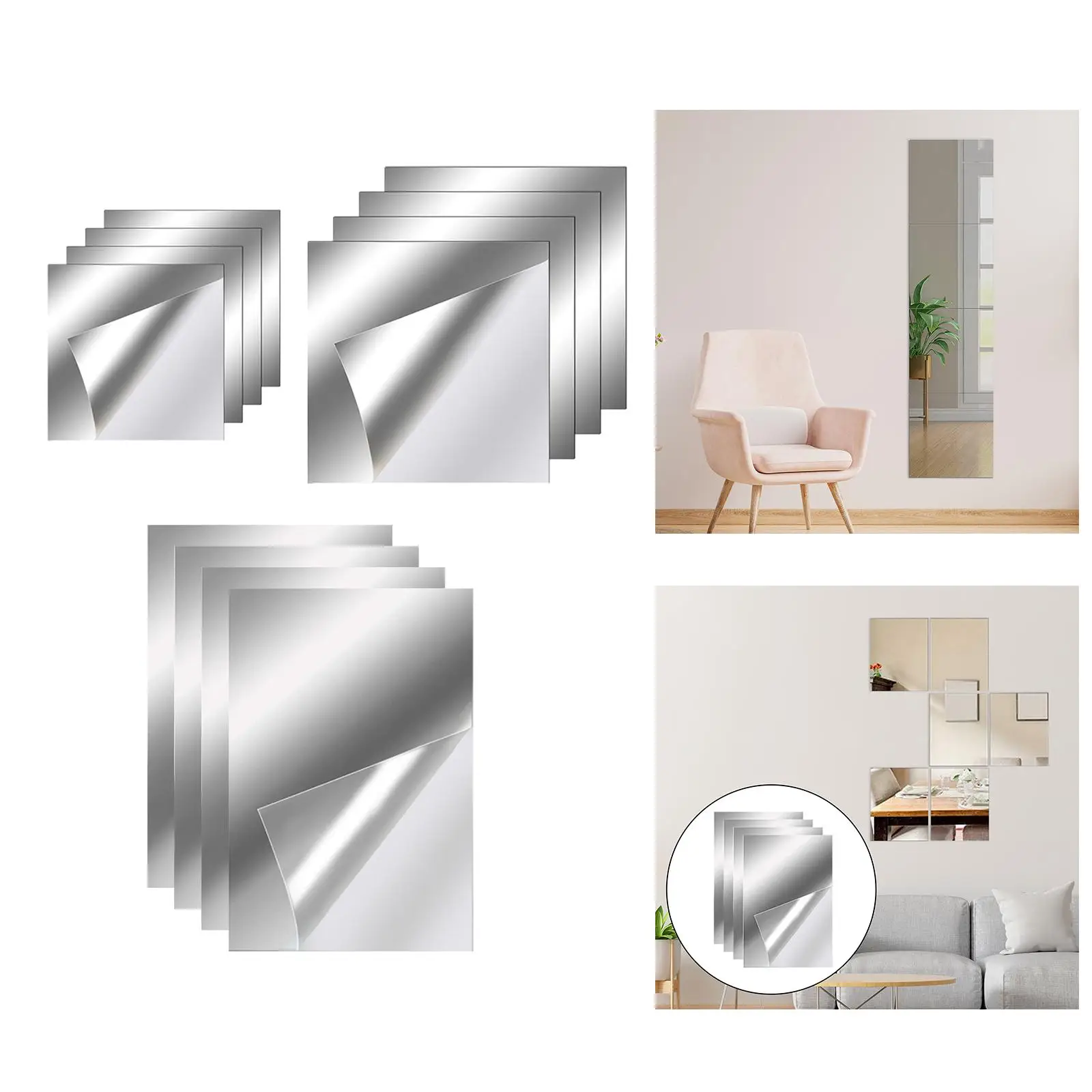 4x Square Wall Mirror Tiles Full Length Mirror Acrylic Flexible Sheets Sticky Wall Sticker Door Bathroom Home