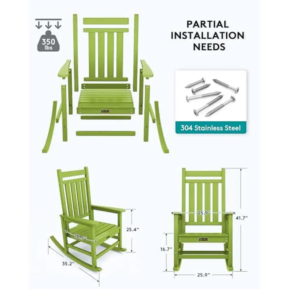 Outdoor Rocking Chair Adults All Weather Resistant Porch Rocker Garden Ergonomic Backrest High Density Polyethylene Lime