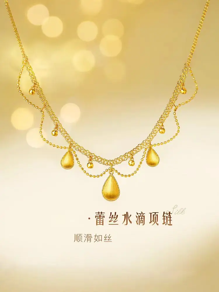 24K AU999 Pure Gold Silk Lace Drop Necklace Women's Vintage Wire-drawing Craft 5