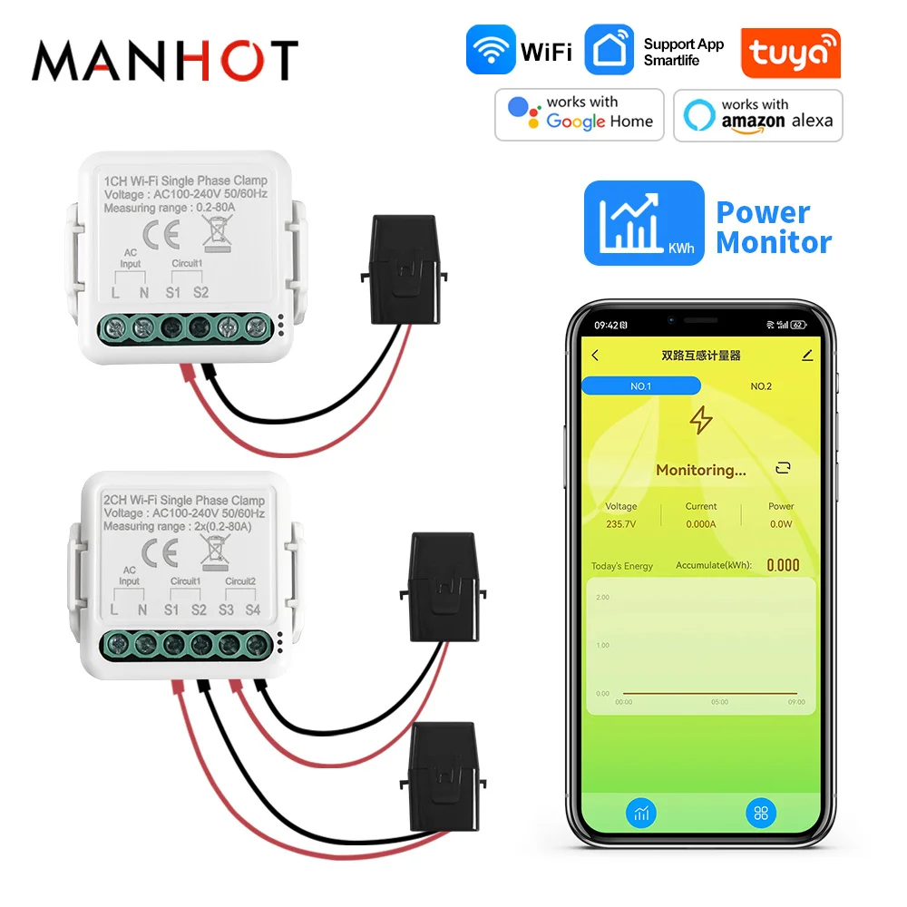 Smart Tuya Wifi Energy Meter Solar PV System Power Production Consumption Bidirectional Monitoring Meter 80A AC100-240V 50/60HZ