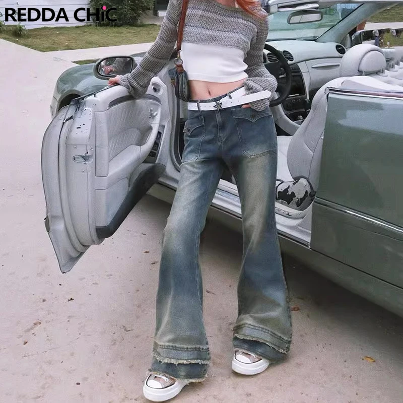 

REDDACHiC 90s Vintage Frayed Low Waist Flare Jeans for Women Patchwork Splicing Denim Trousers Bootcut Pants Bell Bottoms Acubi
