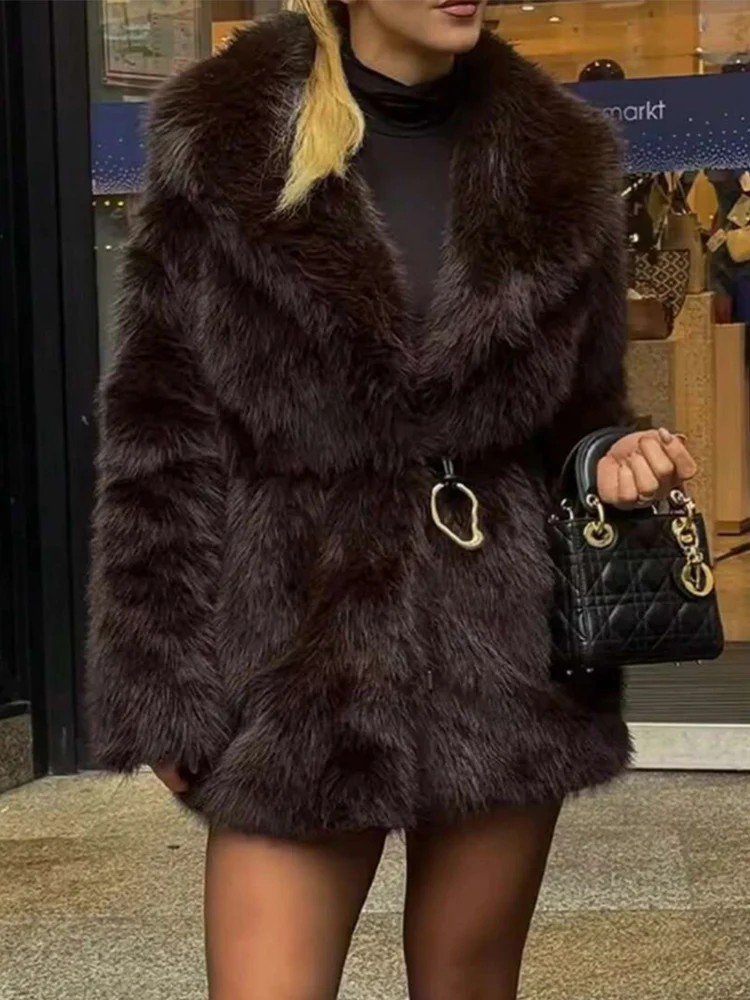Women's Lapel Faux Fur Coat With Belt Winter Fashion Elegant Long Sleeve Thicken Warm Jackets Casual Female Street Outerwear