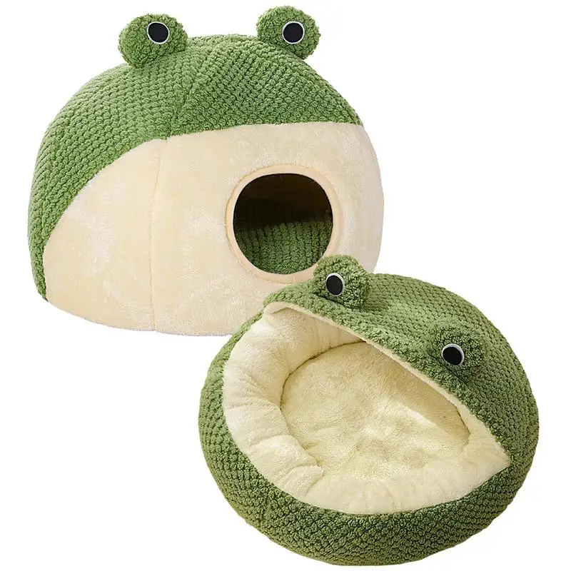 

New Pet Nest Winter Warm Puppy Den Cat Villa Plush Pets Mattress Cute Frog Shape Semi Enclosed Kitten Cave House Pet Supplies