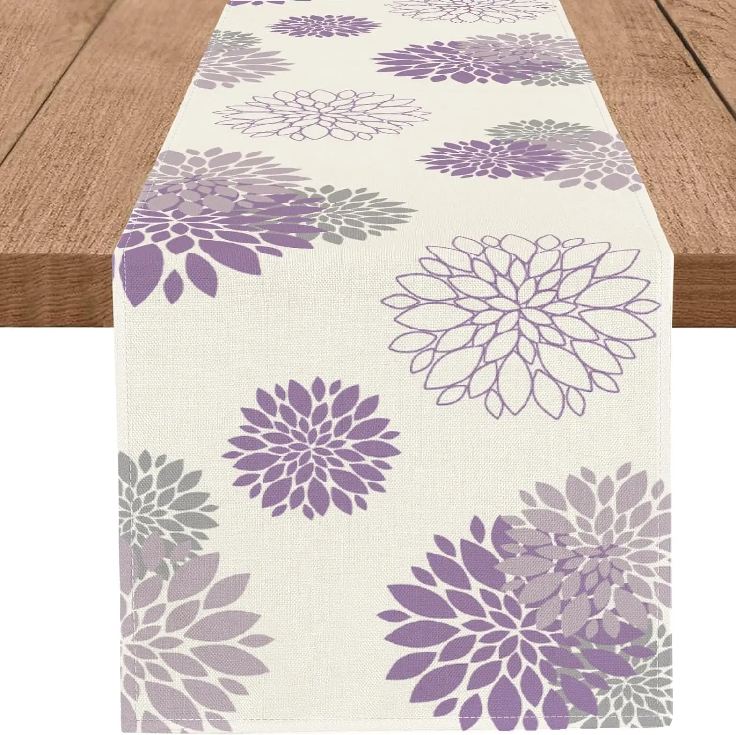Blue Gray Dahlia Linen Table Runner - Farmhouse Style Holiday Decoration