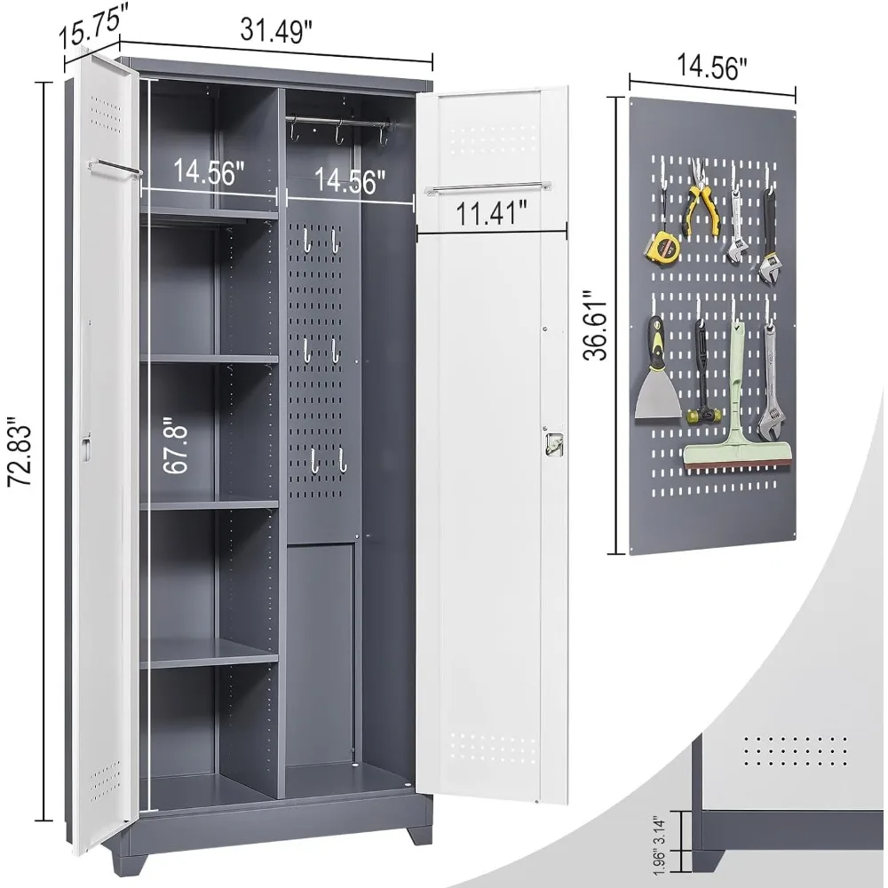 72.8" H Metal Tool Storage Cabinet, Broom Closet Storage Cabinet with Hooks, Garage Storage Cabinet with Shelves，	Grey-white 3