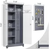 72.8" H Metal Tool Storage Cabinet, Broom Closet Storage Cabinet with Hooks, Garage Storage Cabinet with Shelves，	Grey-white 3