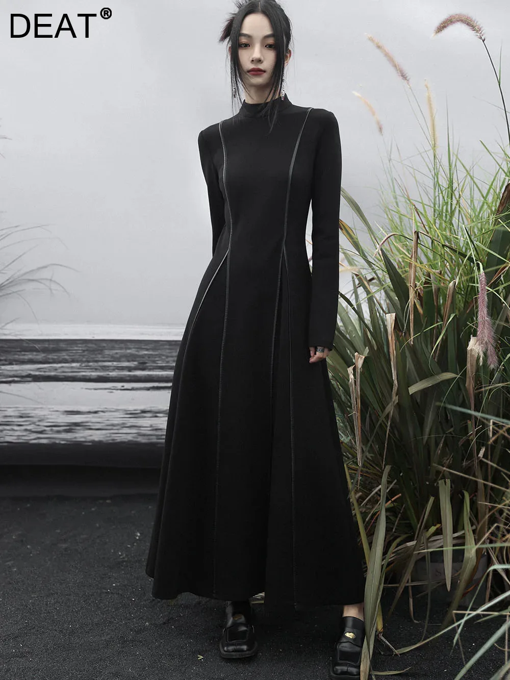 

DEAT Fashion Women's Knitted Dress Stand Neck Slim Waist Long Sleeve Big Swing Ankle-length Dresses Spring 2024 New 13DB4671