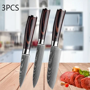 3PCS Kitchen Knife Set Laser Damascus Santoku Knife Utility Knife Professional Chef Knife Meat Cleaver Kitchen Accessories 1