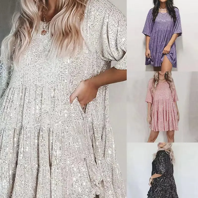 

2024 New Exquisite Women's Dress Fashion Glitter Round Neck Loose Waist Short Sleeve Skirt Dress Banquet Dress High Quality