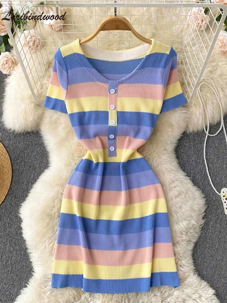 

2022 New Temperament Sweet Color matching Rainbow Striped Slim Knitted Dress Summer Korean Fashion Buttoned Mini Bodycon Dress