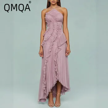 QMQA Fashion Women's Ruched Halter Strapless Backless Dresses Folds Irregular Spliced Ruffles Solid Elegant Dress 2026 New M1032 1