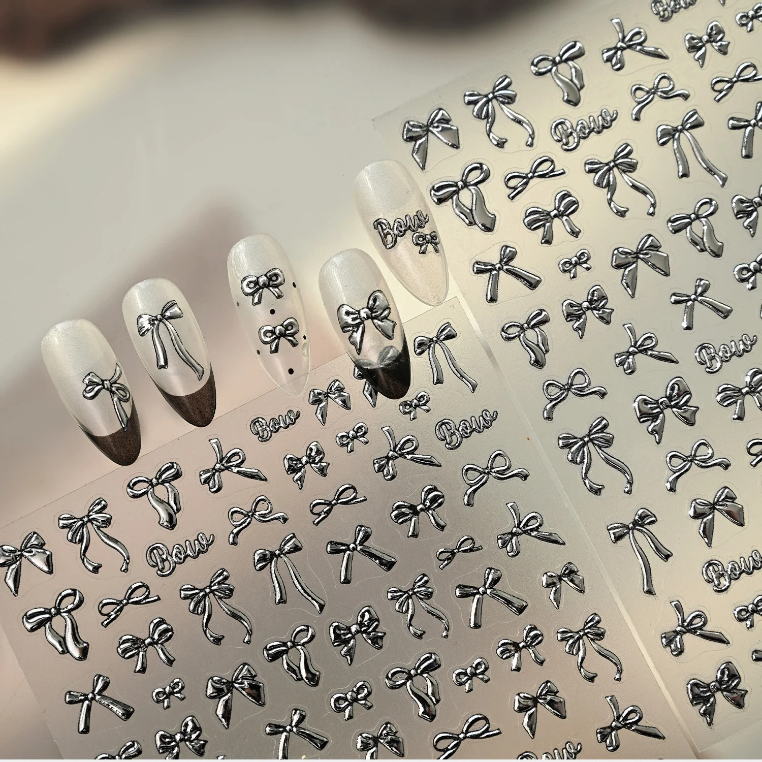 5D 실버 메탈 보우낫 네일 스티커 큰 리본 얇은 매듭 미니 리본 엠보싱 네일 아트 데칼 셀프 접착 매니큐어 데코 DIY