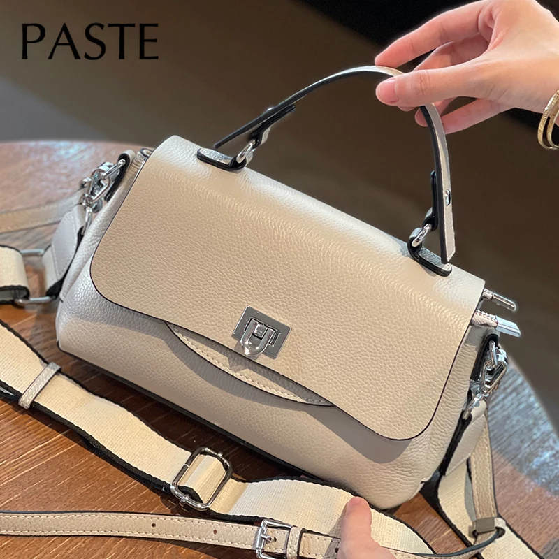 New Beige Pure Color Summer Lock Hand Bag Genuine Cow Leather