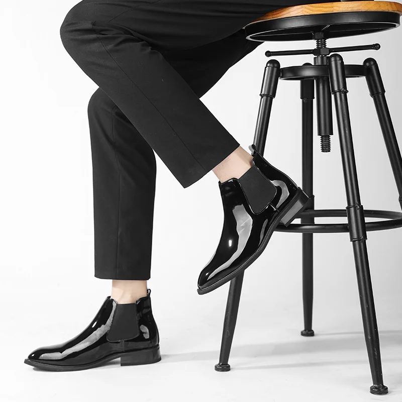 Chelsea Boots for Men Patent Leather Black Buckle Ankle Round Toe Business Classic Handmade Men Short Boots Botas De Hombre