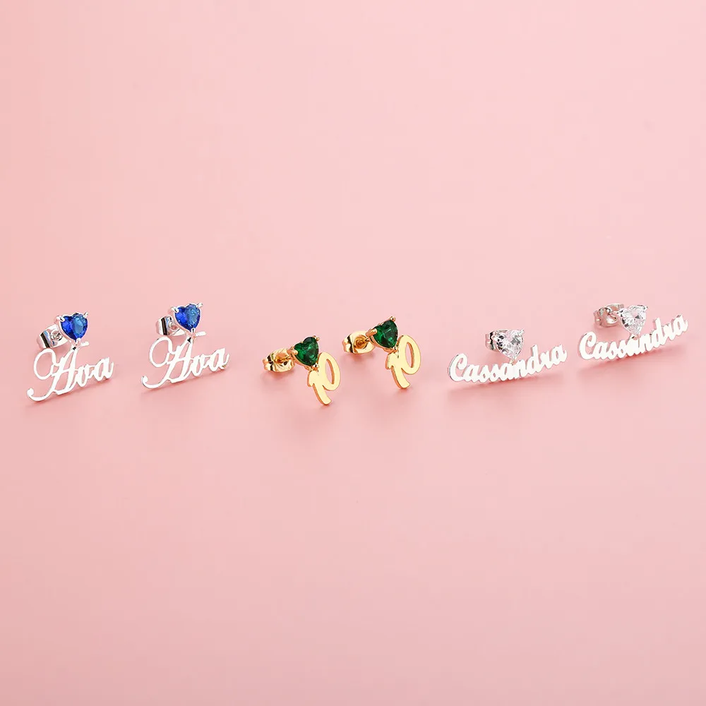 

2023 Custom 12 Birthstone Name Stud Earring Personalized Cute Stainless Steel Zircon Birth Month Nameplated Earring