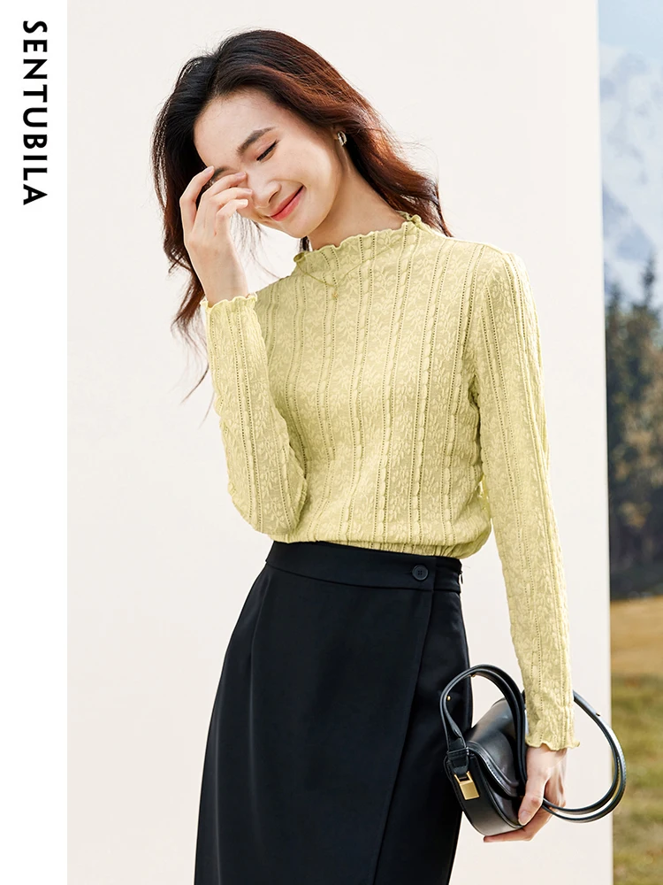 

SENTUBILA Autumn Hollow Out Lace Blouses Women 2023 Elegant Jacquard Mock Neck Long Sleeve Slim Inner Bottoming Shirt 133S52319