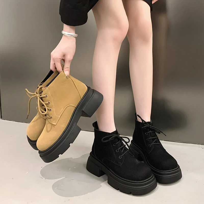 Ladies Shoes High Quality Lace Up Women's Boots Autumn British Style Suede Round Toe Solid Short Barrel Platform Fashion Boots