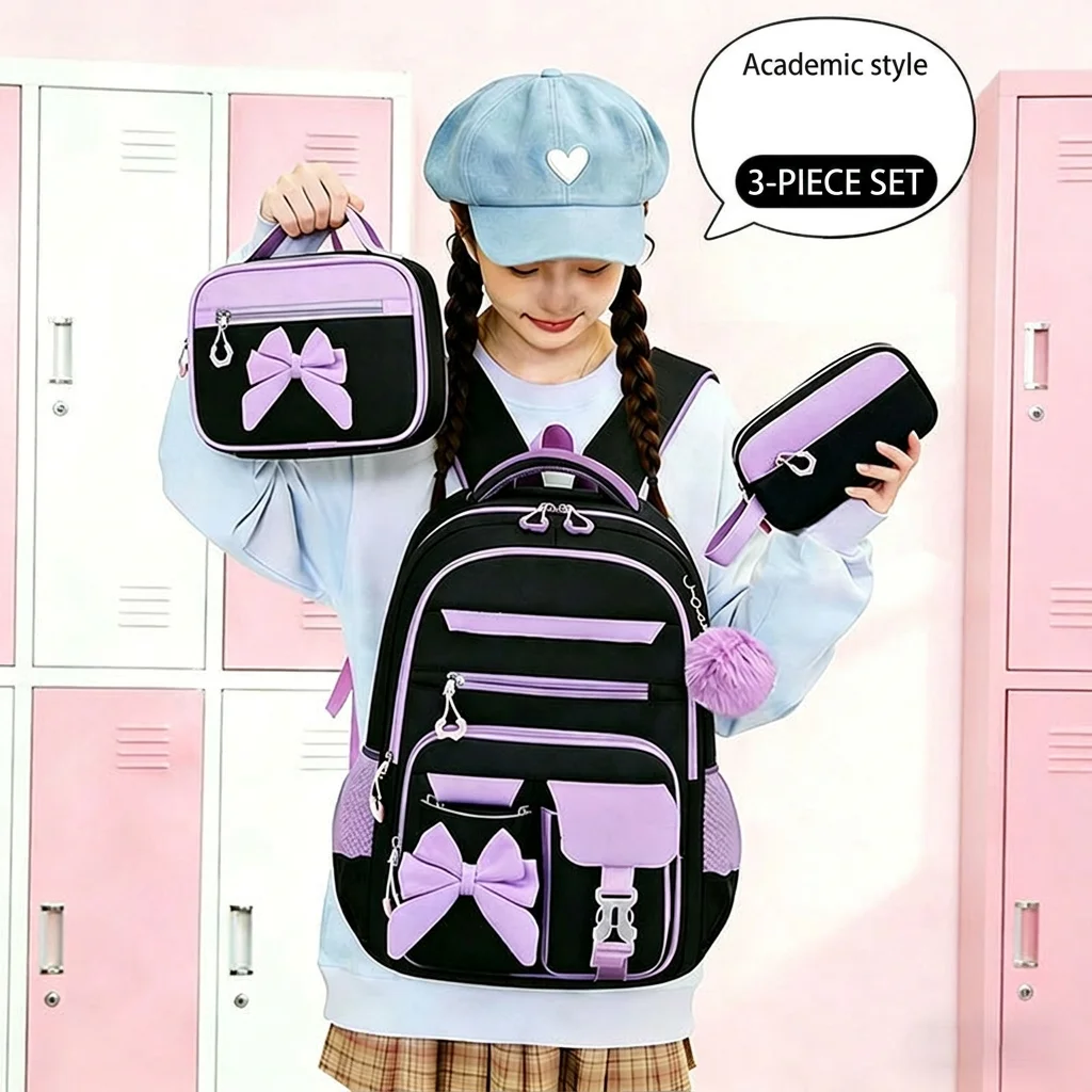 Girls School Backpack Spine Bow School Bag Set Spine Backpack Colorful Color Block Backpack For School Daily Campus Use 1