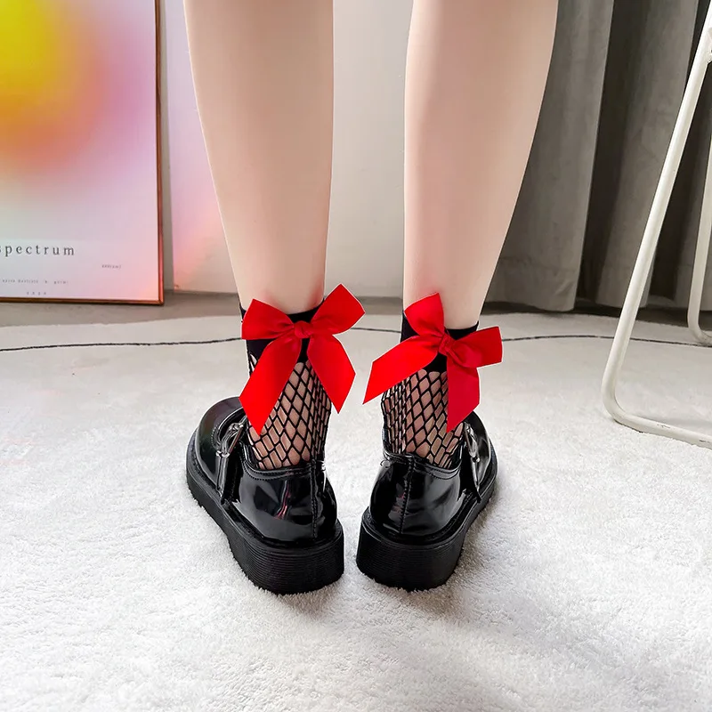 Fishnet socks bow Japanese women Lolita Sweet Princess socks White cute Korean version black lace fishnet socks