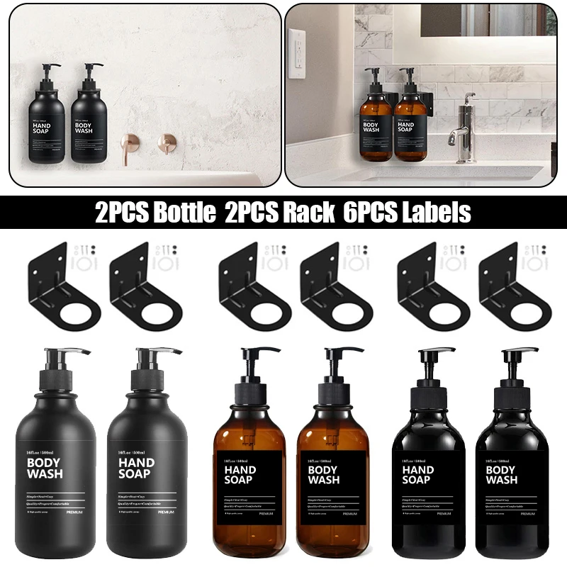Soap Dispenser With Labels Refillable Shampoo Container Hanger Wall Mounted Bottle Holder Hook Bathroom Accessories 2PCS 500ml