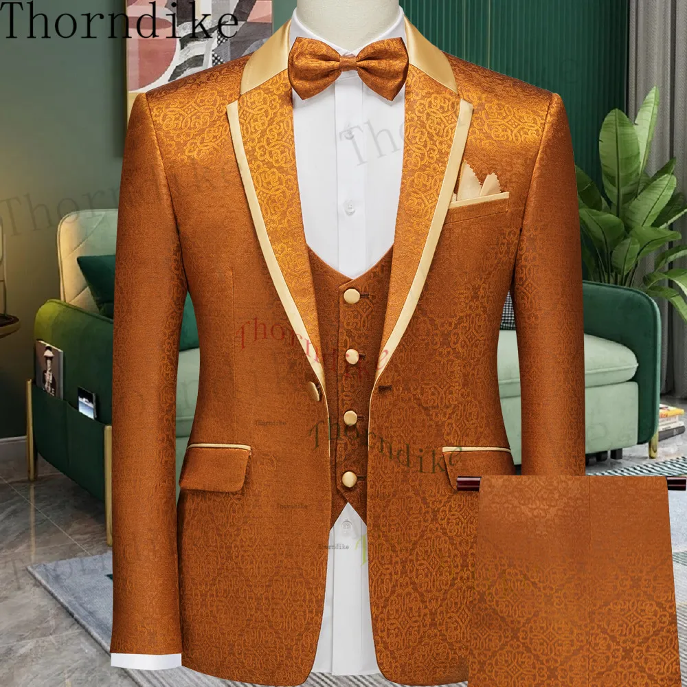 Thorndike Orange Mens Suits 3 Piece Casual Tuxedos for Wedding Groomsmen Suits Men (Blazer + Vest + Pant)