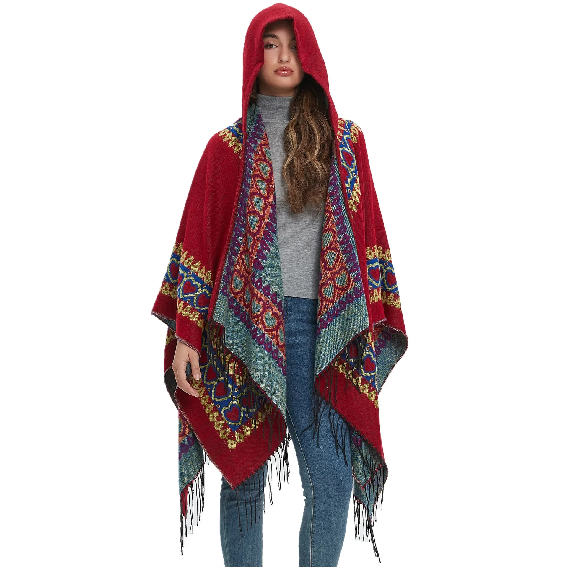 

2024 Luxury Hooded Cloak Women Warm Heart Wraps Scarf Thick Print Shawl Ladies Blanket Foulard Winter Pashmina Shawl Cape Tippet