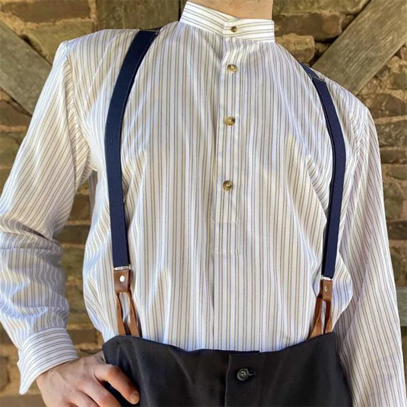 Men's Shirt Vintage Stripe Long Sleeve Daily Tops Business Office Men Spring Clothing Fashion Stand-Up Collar Male Party Shirt