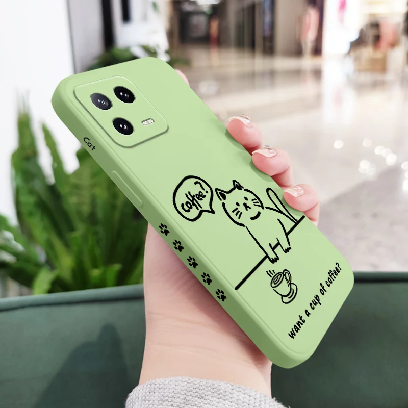 Chic Coffee Cat Liquid Silicone Phone Case Cover