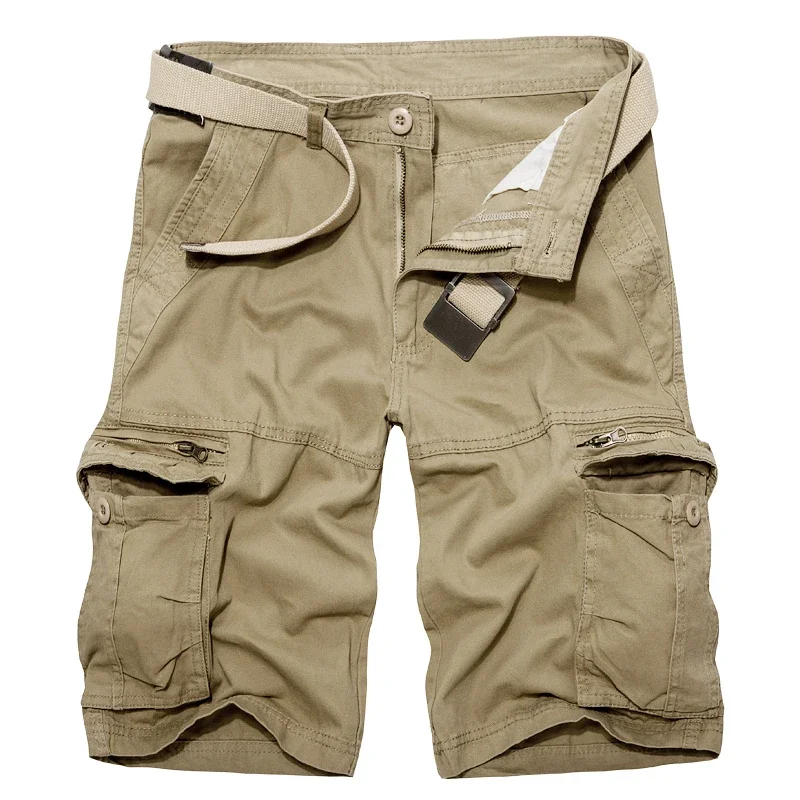 Mens Cargo Shorts Summer Green Cotton Shorts Men Loose Multi-Pocket Homme Casual Bermuda Trousers