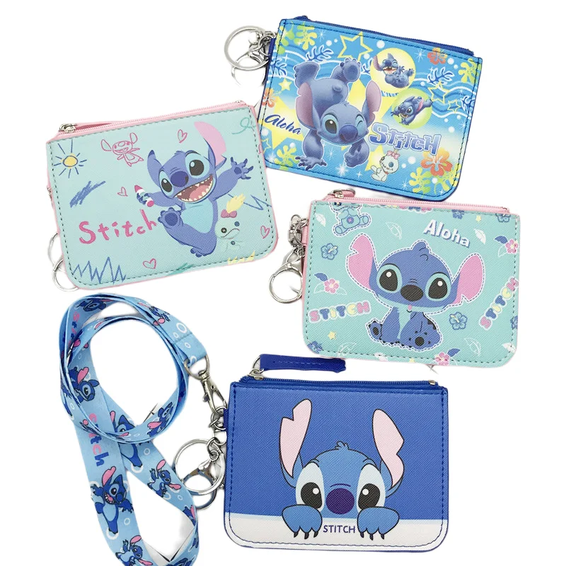 Disney Cartoon Portamonete Cute Stitch Hanging Neck Long Rope Card Coin Storage Bag Mini Pu Anti-Lost Child Wallet Regalo Per Bambini