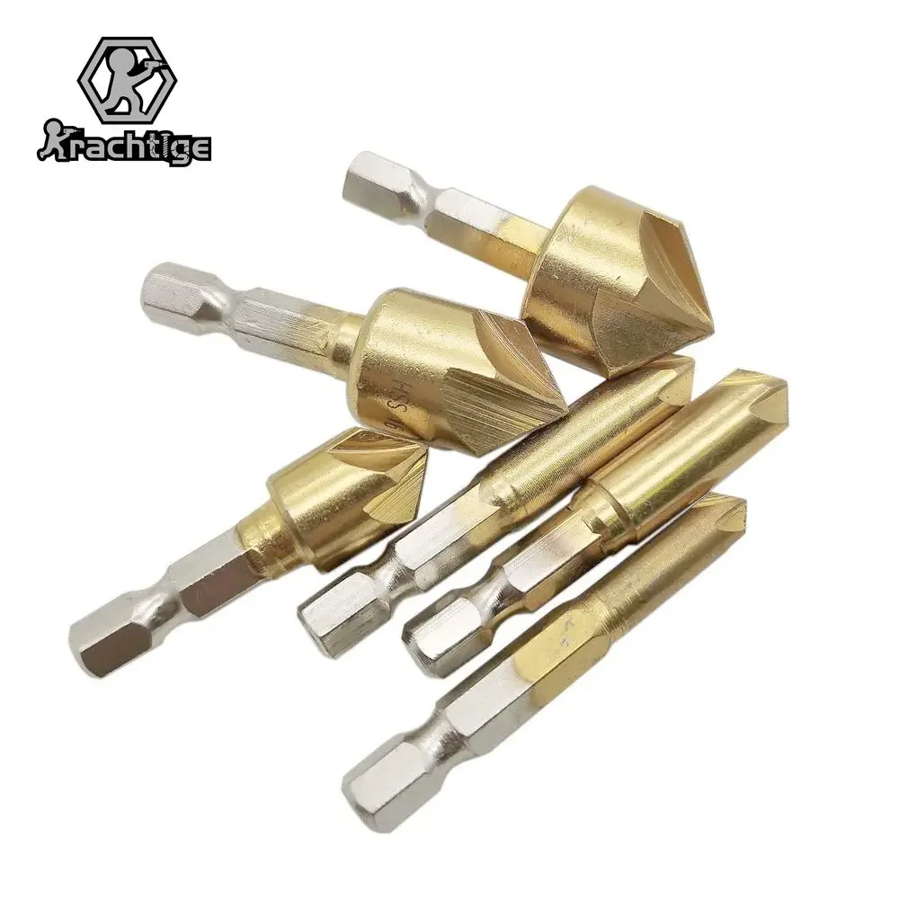 6pcs 6mm 8mm 9mm 12mm 16mm 19mm 5 Flute Countersink Drill Bit Set 90 Degree Counter Sink Chamfer Cutter 1/4'' for Woodworking