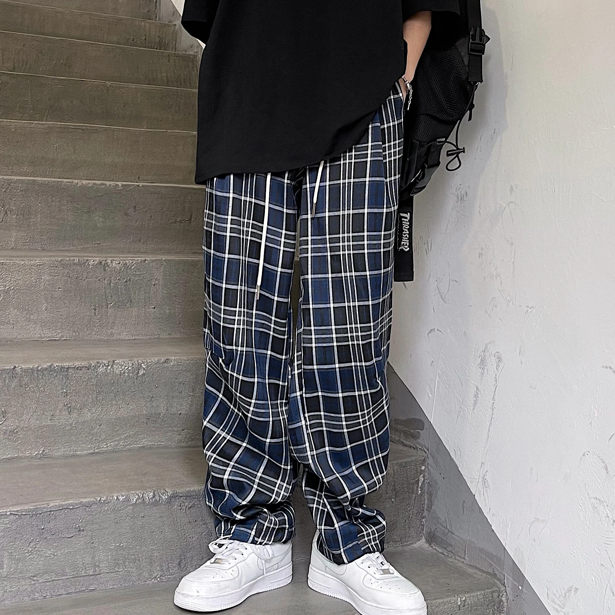Harajuku Blue Plaid Pants Women Streetwear Casual High Waist Straight Baggy Wide Leg Pants Spring Summer New
