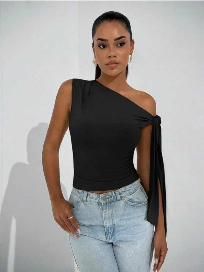 Damen 2026 Neues Asymmetrisches Neck-Tie-Top – Ärmellose Slim-Fit-Bluse mit Drapierter Bindung, Einfarbiges Streetwear-Oberteil – Detail 16