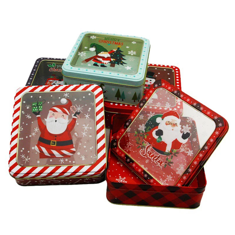 

Christmas Tin Box Skylight Tinplate Box With Lid Tinplate Cookie Mousse Cake Packaging Square Santa Claus Pattern Box