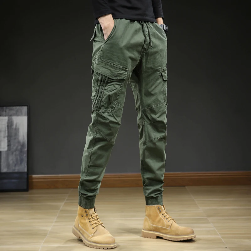 2024 New Men's Pocket Tie Feet Casual Work Wear Pants Slim Fit, Simple and Versatile Men's Sports Outdoor Japanese High Street 1