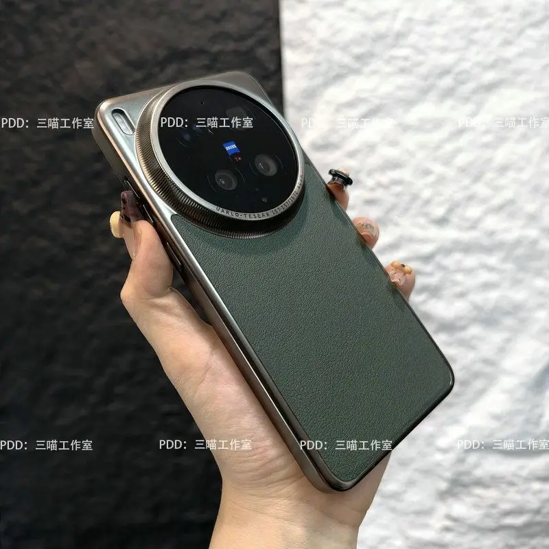 Luxury PC Leather Electroplated Matte Titanium Gray Frame Protective Camera Back Cover