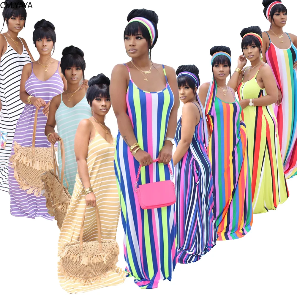 CM.YAYA Women Summer Fashion Dress Sleeveless Long Maxi Loose Striped Print Bandage Beach Night Club Party Dresses Vestido | Женская