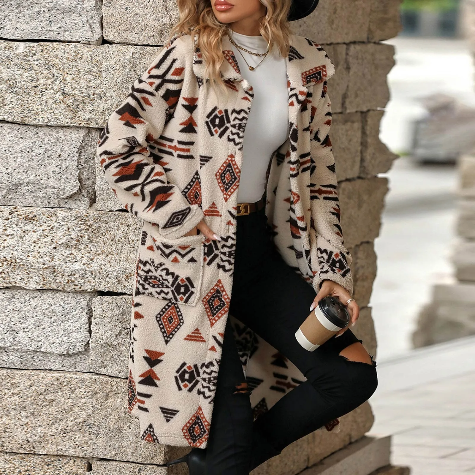 

Women coats Winter Vintage ethnic style Printed Coat retro plush artistic pattern print large size coat fashion long jackets