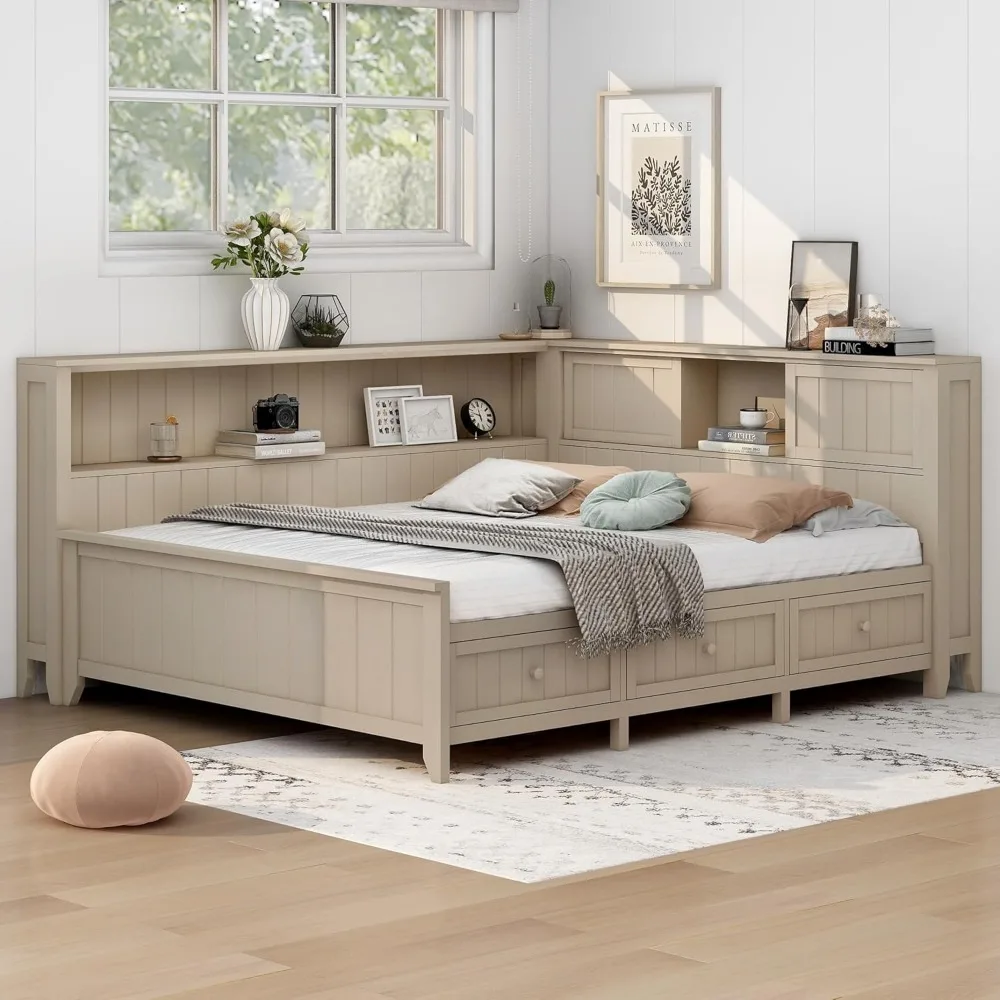 Full Size Daybed, Wood Full Daybed Frame with Storage Shelves and 3 Drawers, Antique White Milk 3